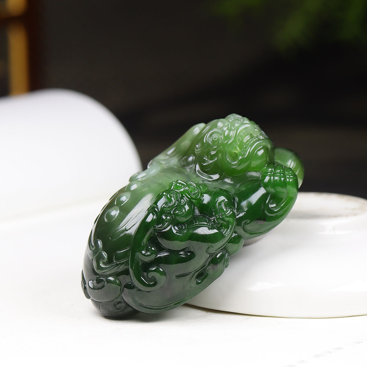 (古晨珠宝) 俄罗斯和田玉猫眼碧玉貔貅把件手玩财源广进102g