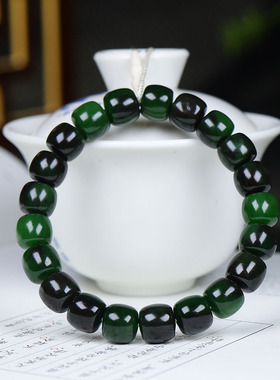（古晨珠宝）俄罗斯和田玉菠菜绿碧玉老型珠手串手链诸事如意34g