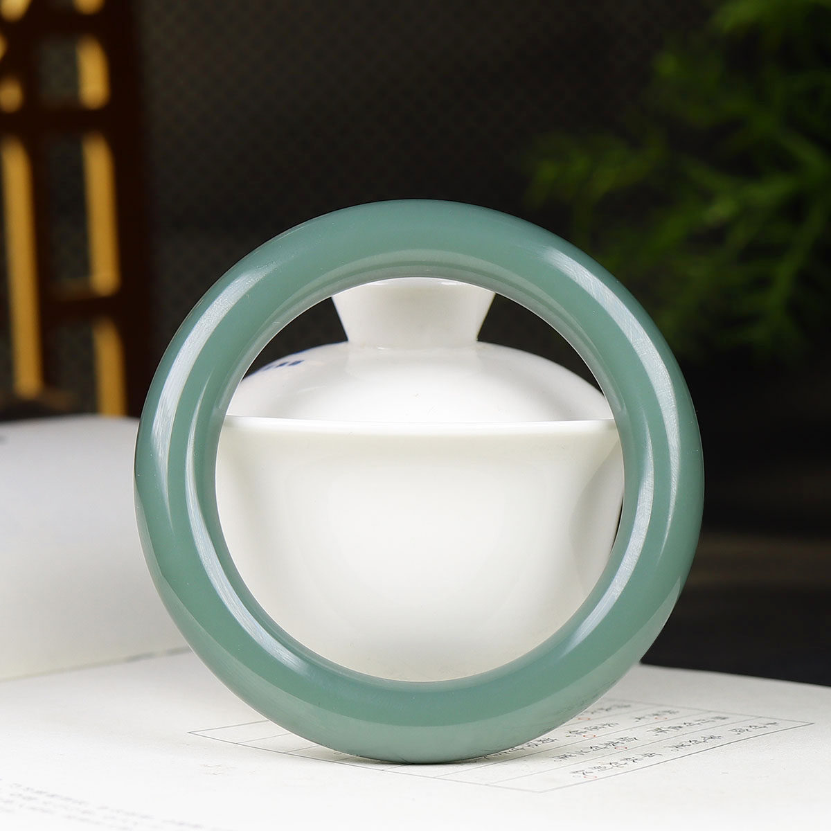 (古晨珠宝)俄罗斯和田玉瓷蓝碧玉圆条手镯玉镯腕间优雅73g60mm
