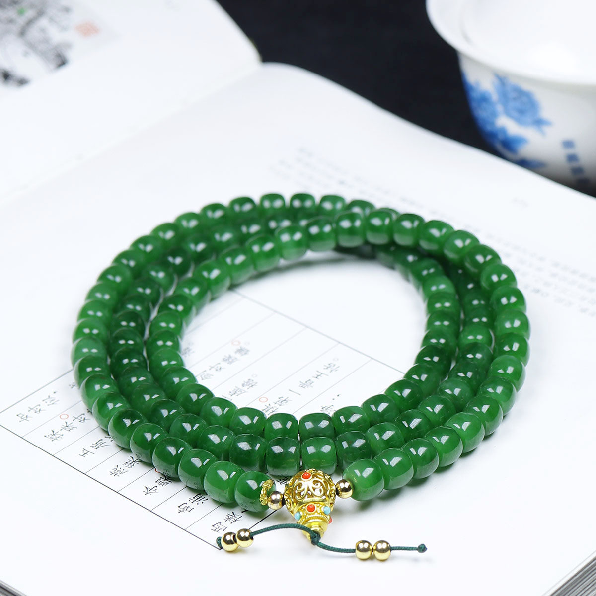 (古晨珠宝)俄罗斯和田玉粉绿碧玉直切珠项链毛衣链诸事如意98g