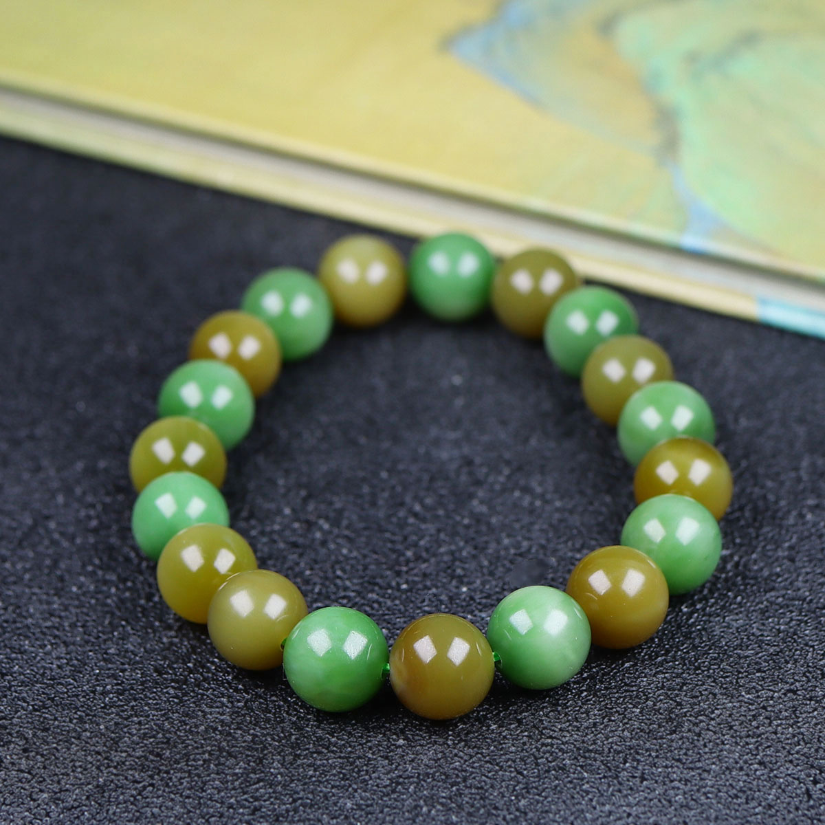 （古晨珠宝）俄罗斯和田玉黑羊洞碧玉圆珠手串手链28g9+mm