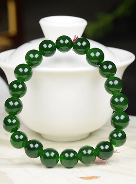 (古晨珠宝)俄罗斯和田玉菠菜绿碧玉手串手链珠连富贵29g10mm