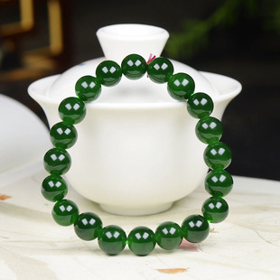 俄罗斯和田玉菠菜绿碧玉手串手链珠连富贵29g10mm 古晨珠宝