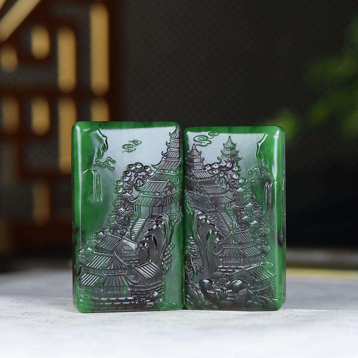 （古晨珠宝）俄罗斯和田玉菠菜绿碧玉山水挂件玉牌吊坠玉坠94g
