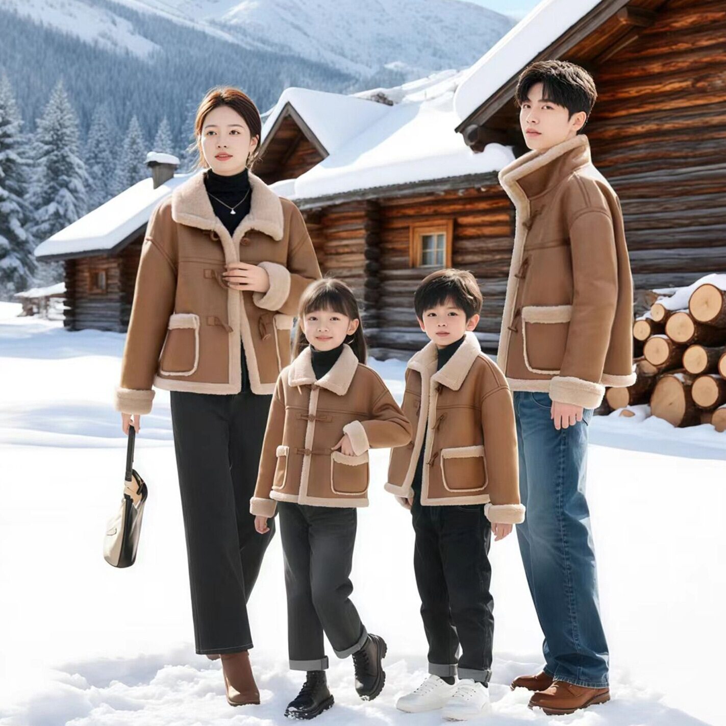 2025冬季一家三口四口亲子装羊羔毛皮毛一体外套棉服父子母女装