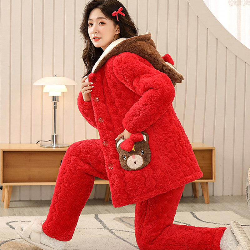 新年红色睡衣女冬季珊瑚绒三层夹棉加厚加绒法兰绒家居服带帽套装,女士内衣/男士内衣/家居服,睡衣/家居服套装,淘宝优惠券,粉丝福利购,淘宝优惠卷