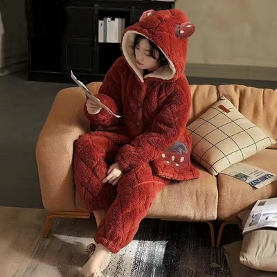 三层夹棉超厚睡衣女保暖家居服