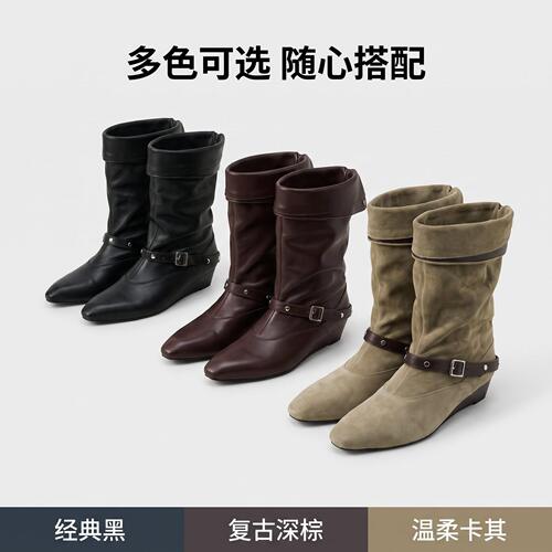 官方正品热巴同款羊反绒坡跟堆堆短靴女款2026秋季新款休闲骑士靴