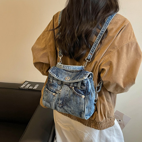 ZBBV美式水洗牛仔双肩包女大容量休闲背包学生书包