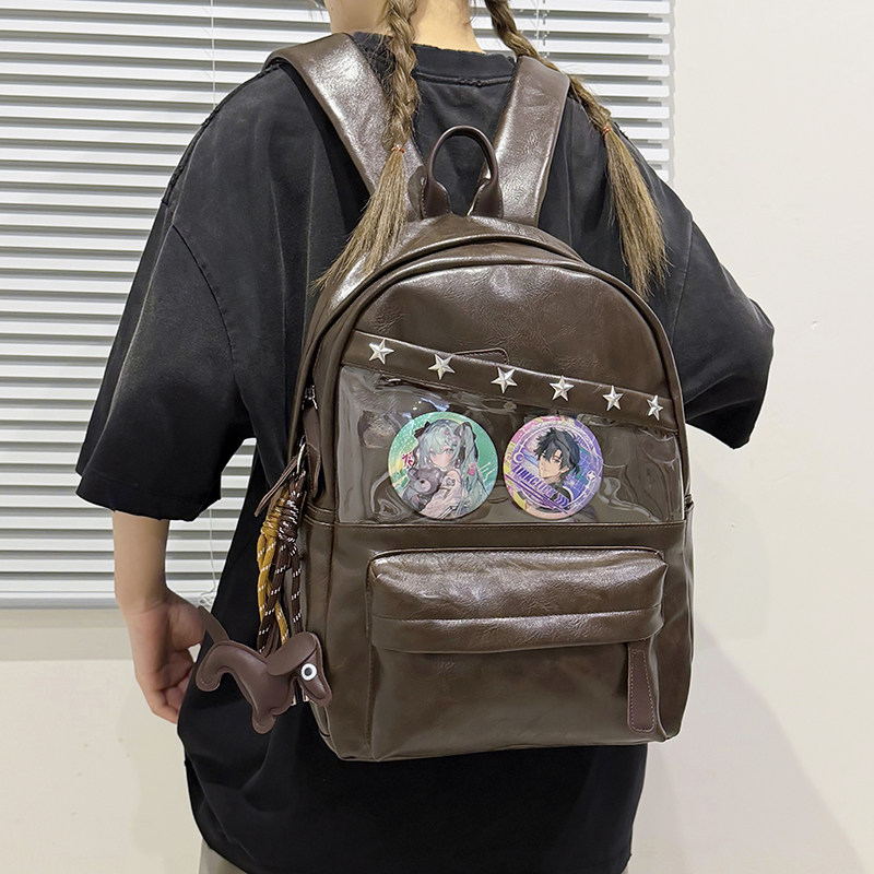 美式复古双肩包女星星铆钉旅行背包男校园学生书包小食量透明痛包
