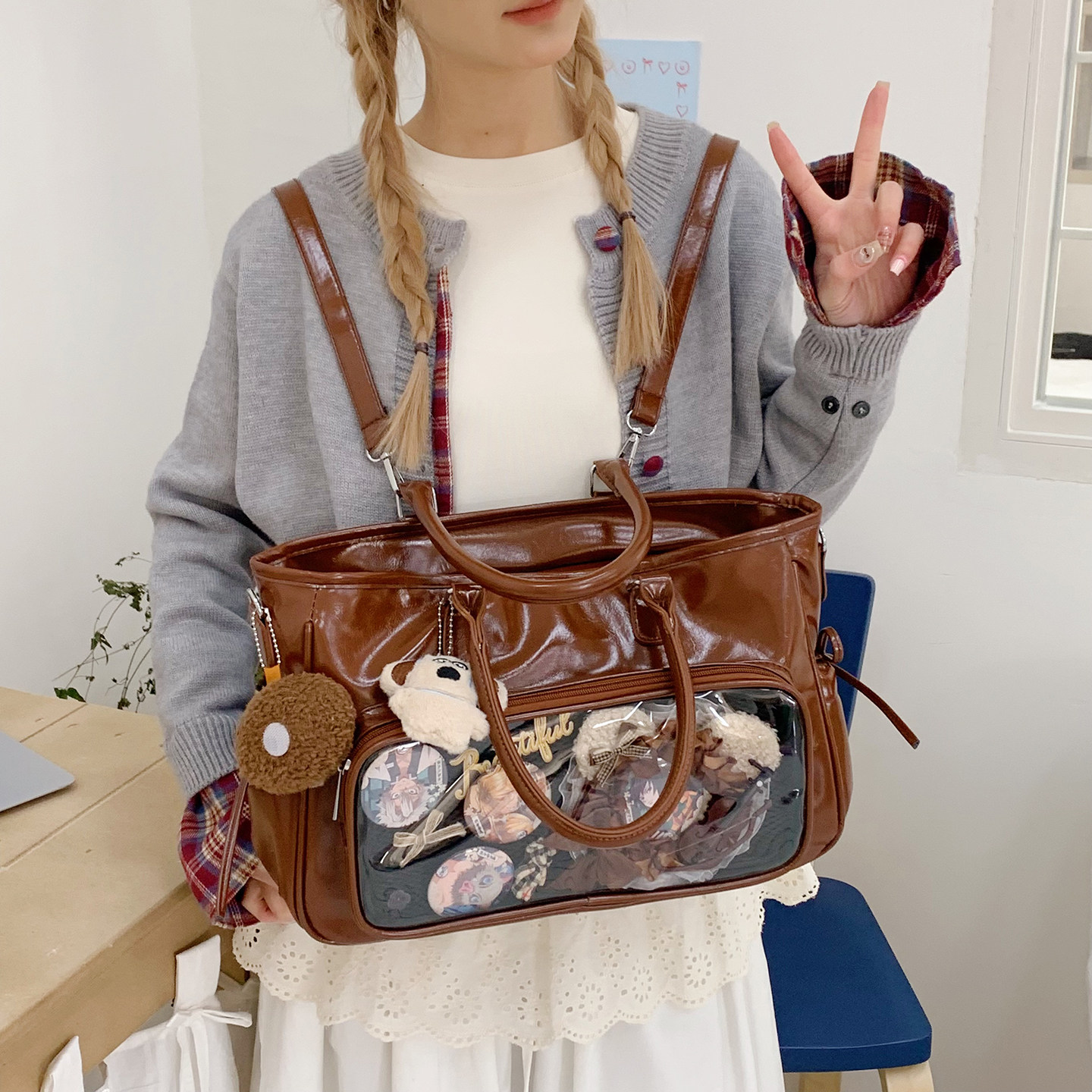 高颜值学院风双肩包日系女生JK风透明痛包多功能大容量女孩手提包