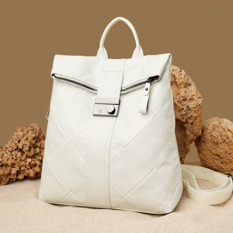 欧美时尚菱格纹双肩包女大容量防盗锁扣软皮背包高级感通勤旅行包