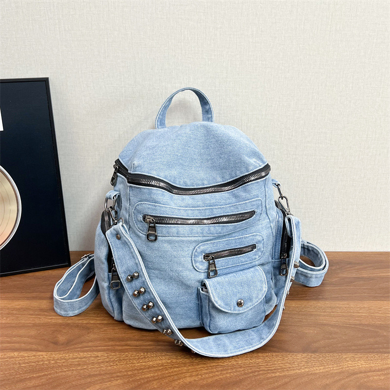 美国时尚复古牛仔双肩包女多口袋拉链单肩机车包辣妹铆钉旅游背包