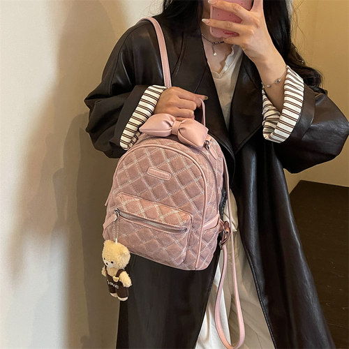 日系小香风菱格双肩包秋冬新品时尚简约蝴蝶结小背包女生逛街书包