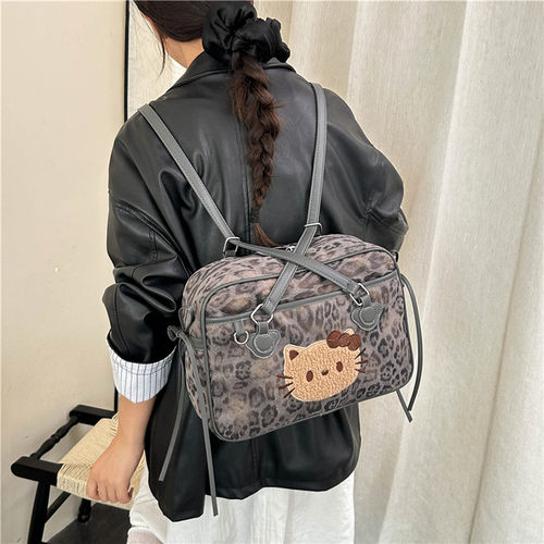 学院风豹纹猫咪双肩包女百搭大容量个性背包多功能单肩横款公文包