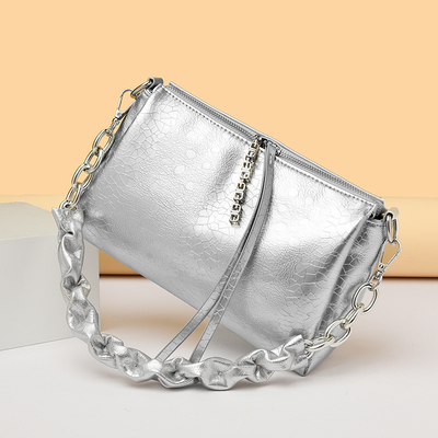 韩国时髦褶皱链条包女2025新款爆裂纹软皮手拎小包单肩斜挎腋下包