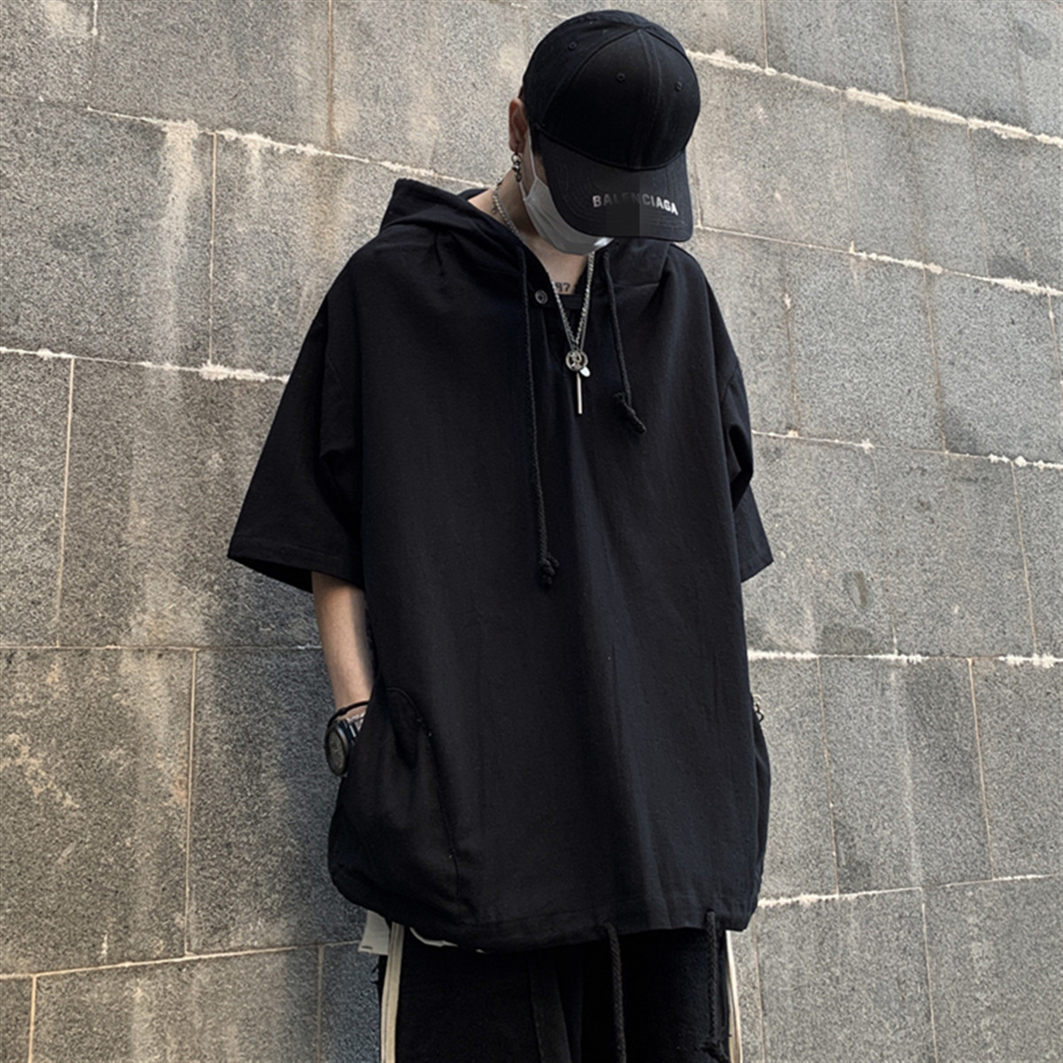 夏季2020新款韩版ins黑色上衣外套宽松bf风短袖T恤连帽卫衣男女潮