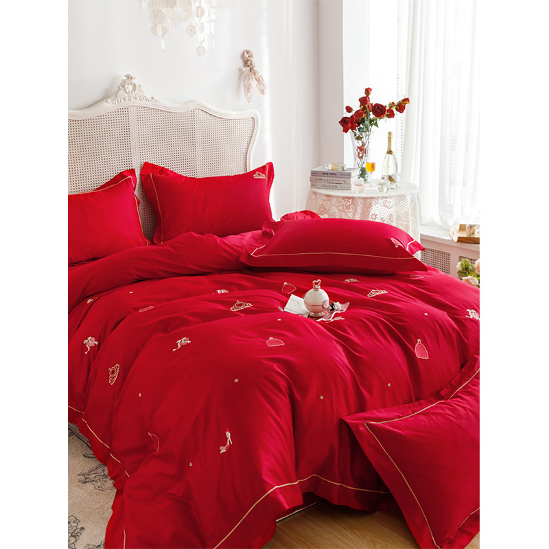 简约新婚庆四件套纯棉大红色100S长绒棉刺绣结婚全棉床上用品婚床,床上用品,婚庆床品套件,淘宝优惠券,粉丝福利购,淘宝优惠卷