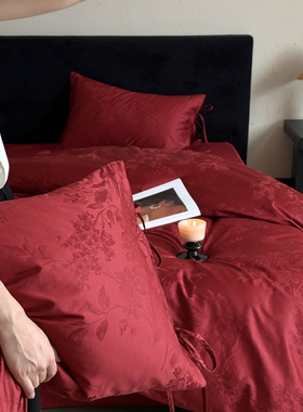 简约100S长绒棉提花结婚四件套红色全棉床单被套纯棉婚嫁床上用品