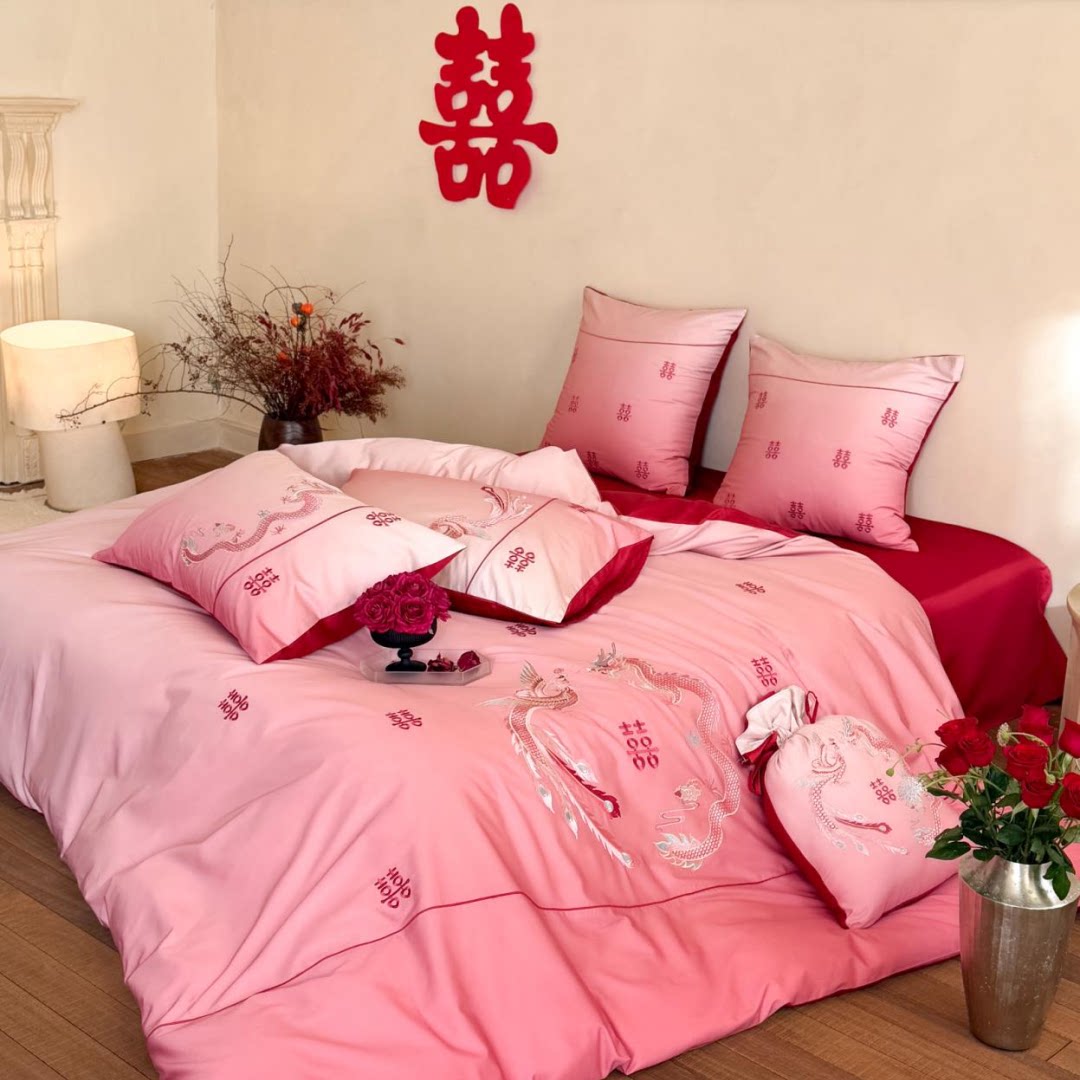 结婚龙凤100S长绒棉全棉婚庆四件套纯棉渐变色刺绣喜被套床笠床品