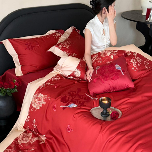 婚庆双喜鹊刺绣100S长绒棉四件套