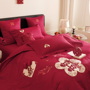 锦鲤报喜100S长绒棉全棉结婚四件套纯棉红色蝴蝶结囍被套婚庆床品