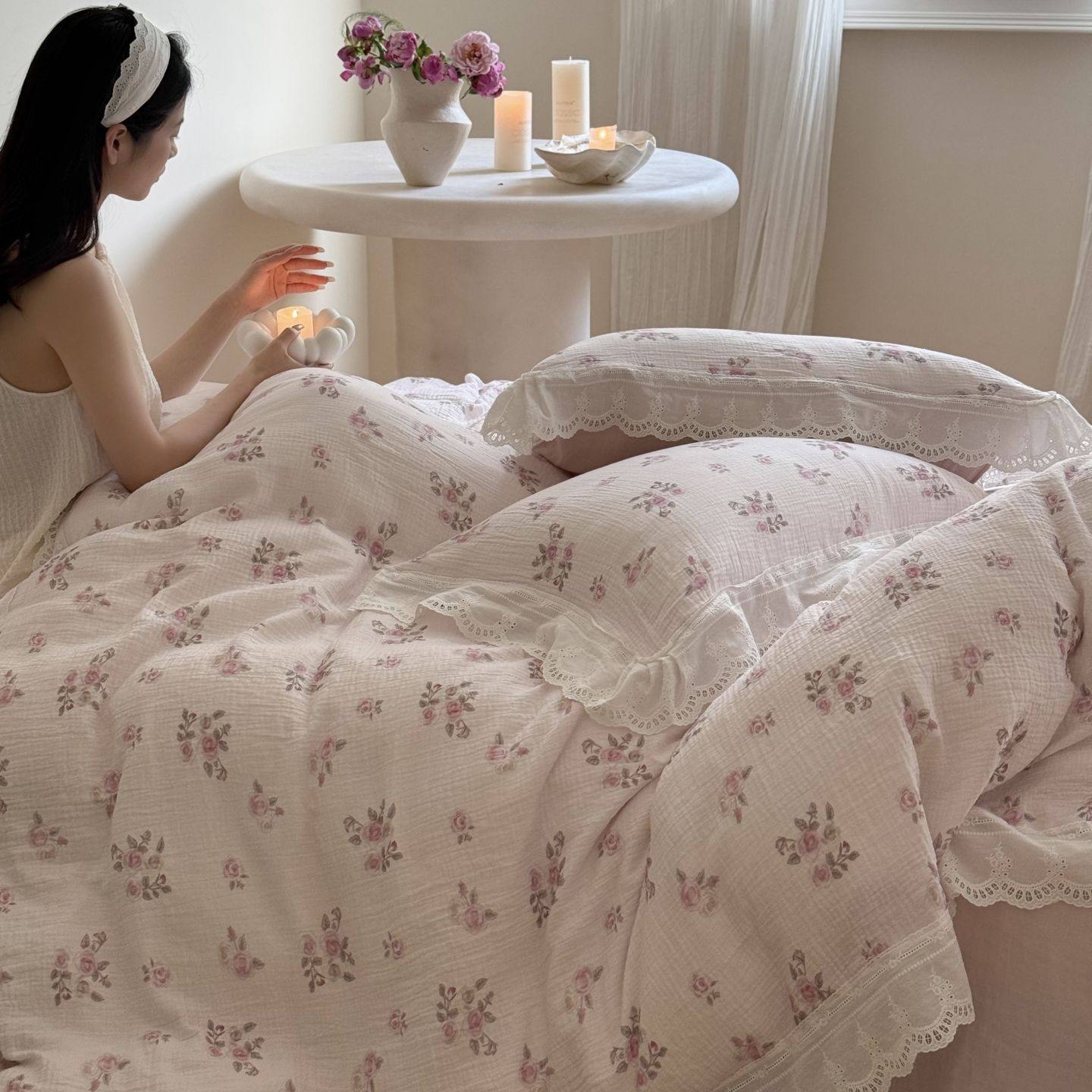 法式少女心超柔云雾纱四件套纯棉小碎花褶皱边被套公主风床上用品