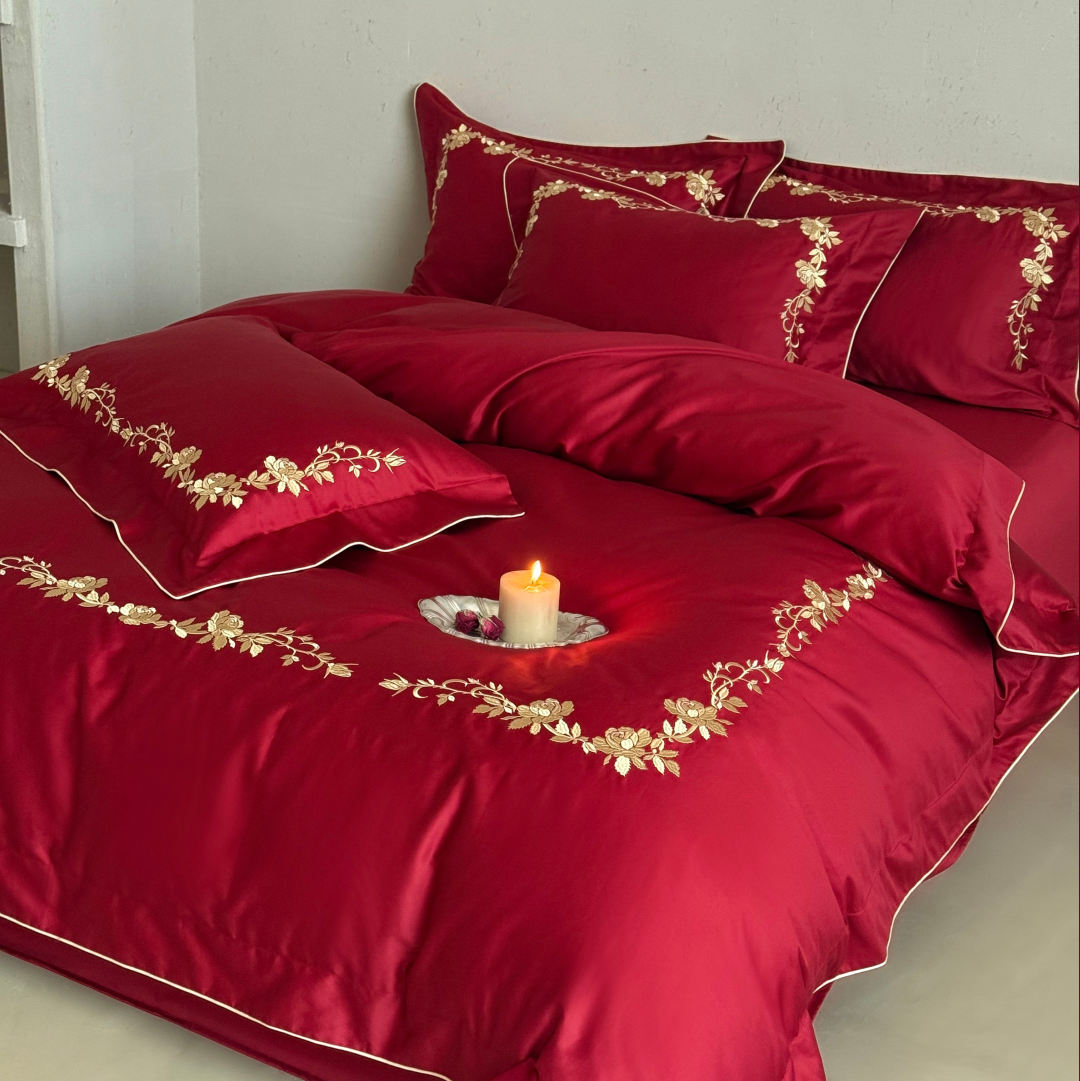 简约100S长绒棉刺绣全棉婚庆四件套红色纯棉被套乔迁结婚陪嫁床品