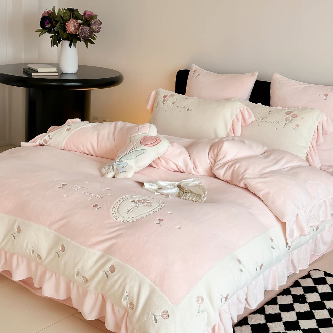 法式少女心超柔牛奶绒四件套冬季加厚珊瑚绒荷叶花边被套花朵刺绣