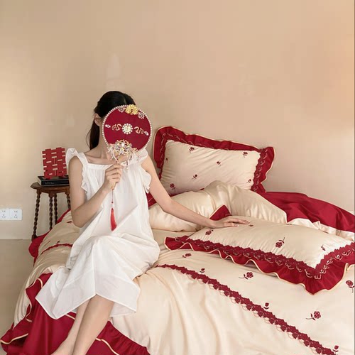 法式浪漫100全棉婚庆四件套玫瑰刺绣长绒棉纯棉结婚被套床笠床品4