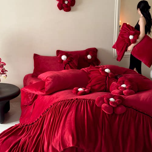 冬季牛奶绒红色婚庆四件套浪漫立体花朵加厚法兰绒喜被套结婚床品