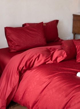 简约提花100S长绒棉全棉结婚四件套纯棉红色被套床笠婚庆床上用品
