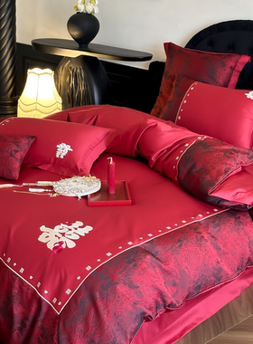 喜韵100S长绒棉全棉结婚四件高级感刺绣纯棉红色被套床笠婚庆床品