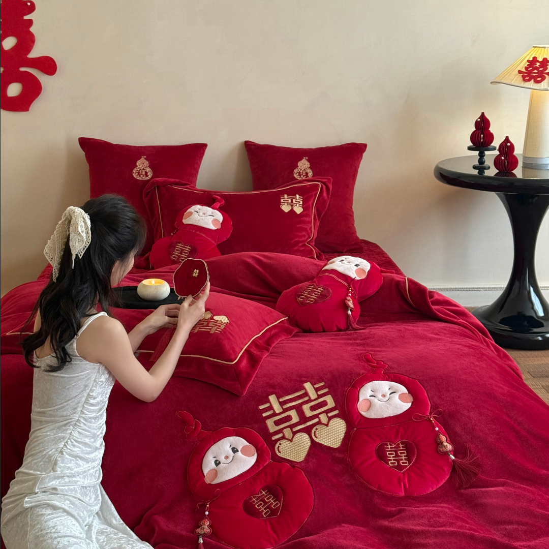 冬季加厚牛奶绒婚庆四件套