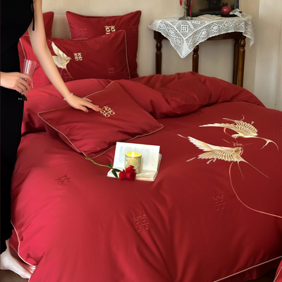 双喜喜鹊刺绣100S全棉结婚四件套