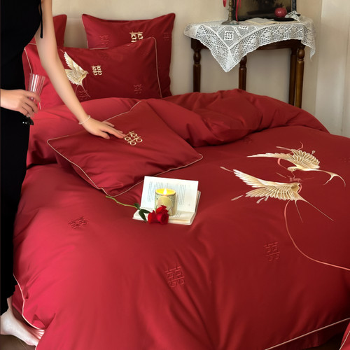 双喜喜鹊刺绣100S全棉结婚四件套