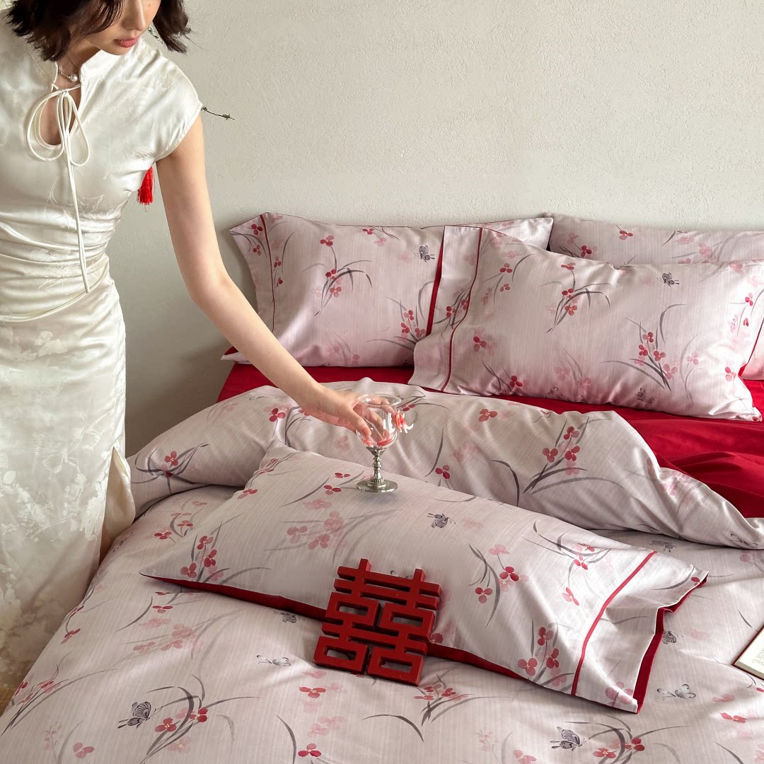 浪漫蔷薇花100S长绒棉全棉婚庆四件套纯棉结婚印花卉被套床笠床品