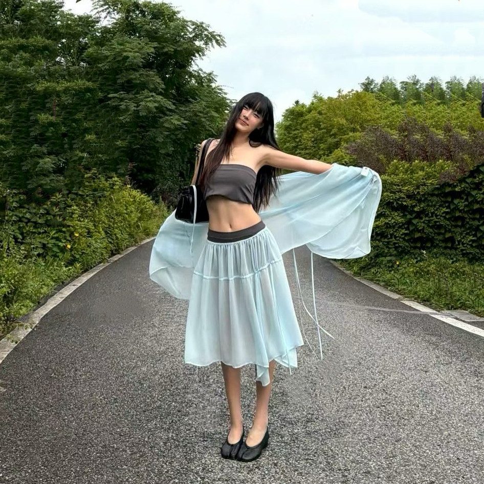 allawell 娜娜同款 系带雪纺开衫半裙三件套 透视罩衫弹力女套装