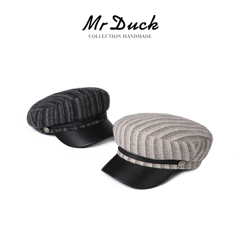 mrduck时髦条纹粗花呢报童帽