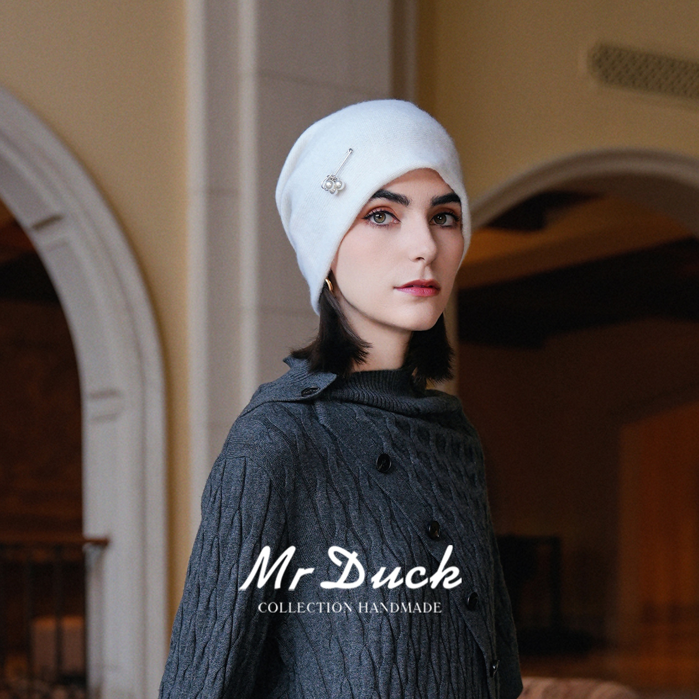 mrduck亲肤100%羊绒保暖堆堆帽女