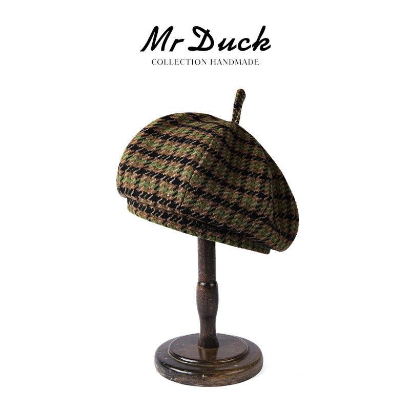 mrduck复古时髦千鸟格贝雷帽女