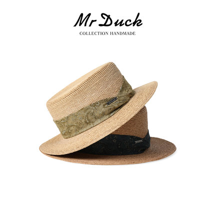 mrduck2026新 特细手编拉菲草辫大檐平顶草帽防晒男女大小头围帽