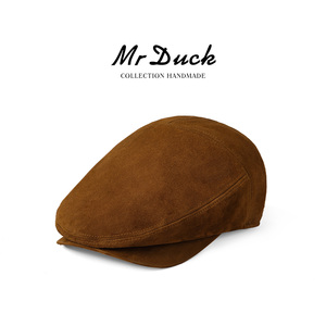 mrduck进口鞣制绵羊皮复古老钱风鸭舌帽 真皮前进帽子女冬显脸小