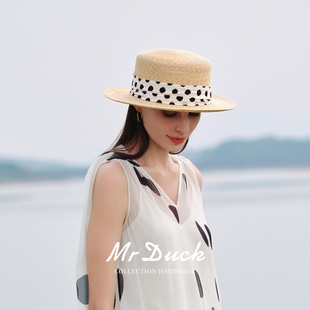 mrduck罗马假日 平顶帽子 罕见级别6mm天然麦秆草帽女优雅波点法式