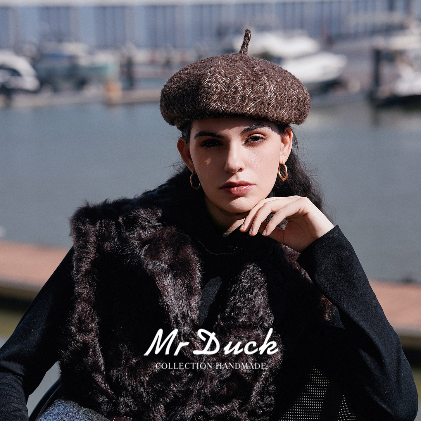 mrduck织梦 羊毛羊驼毛混纺人字纹肌理护法式八角贝雷帽女 显脸小