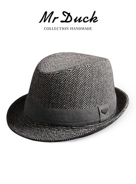 mrduck 秋冬季新款 经典人字纹羊毛呢礼帽男士英伦复古绅士爵士帽