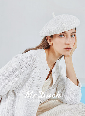 mrduck 经典白色八角小香风贝雷女英伦搭大衣帽子大头围大码帽子