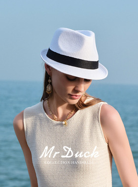 mrduck新品 编织纹理感小礼帽女白色休闲帽子 高级感爵士帽小头围
