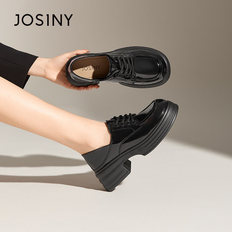 卓诗尼新款厚底漆皮乐福鞋女英伦风粗跟通勤单鞋中跟交带一脚蹬