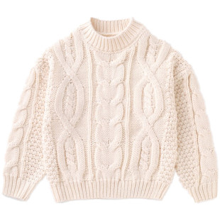 韩系童装男女宝宝粗针麻花毛衣杏白色宽松亲子厚实慵懒风毛衣新年